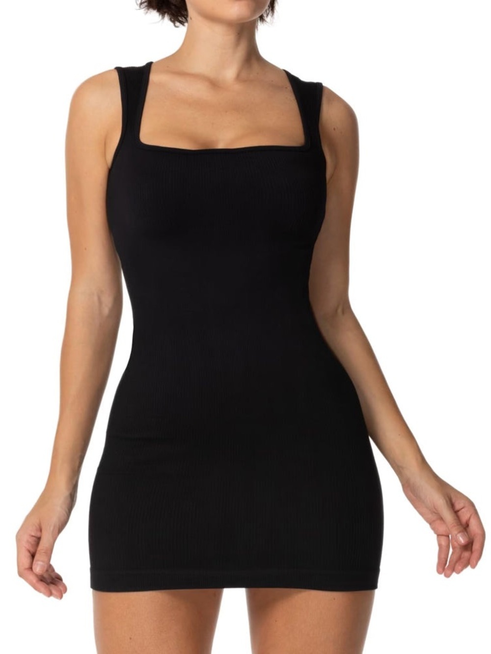 Black Square-Neck Ribbed Mini Dress - Women